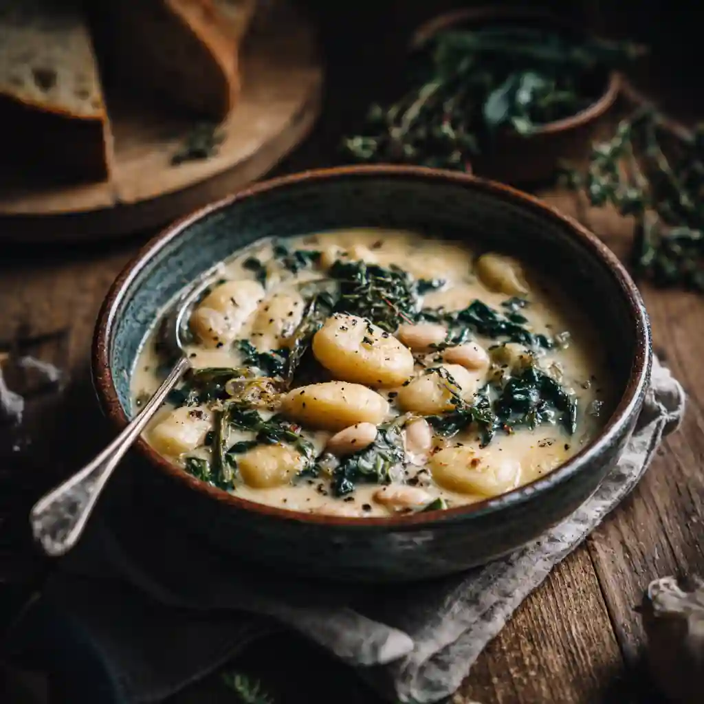 Creamy parmesan gnocchi soup with white beans and spinach