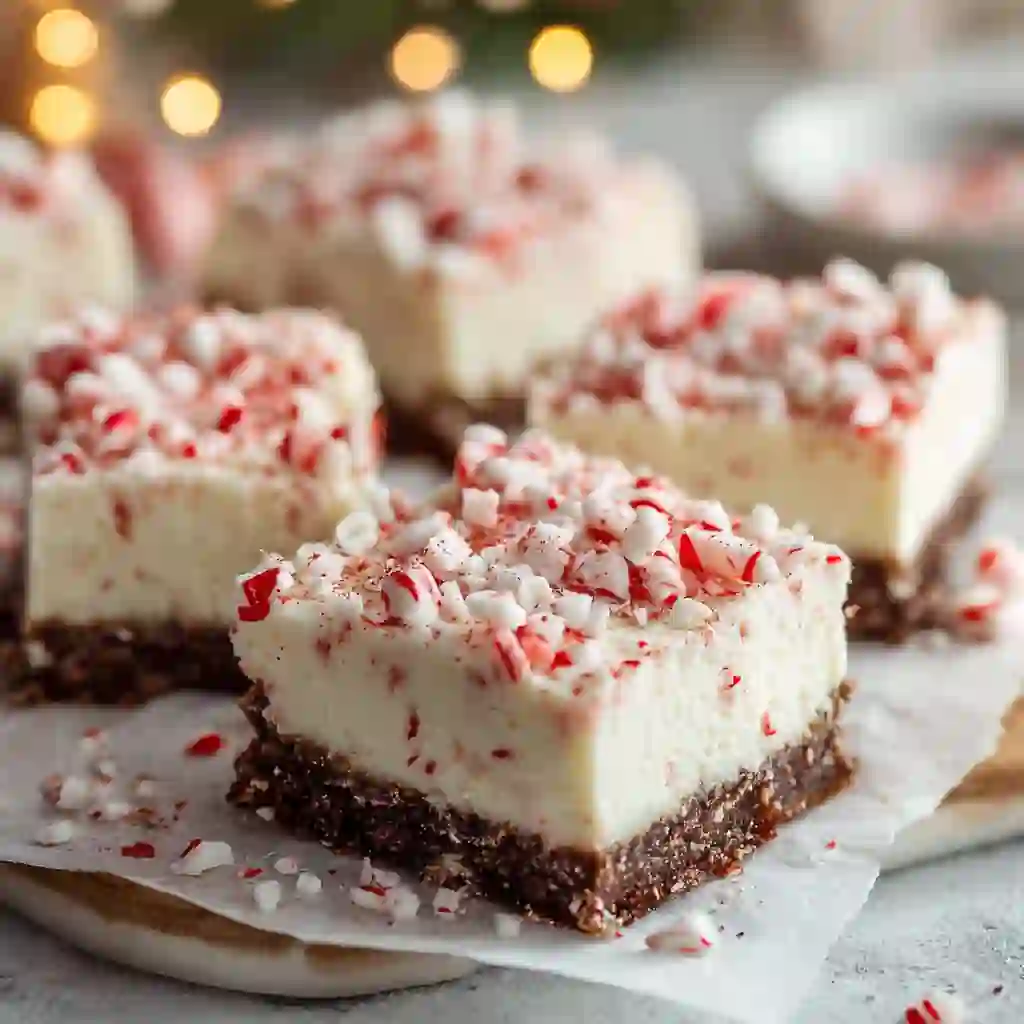 No-bake peppermint cheesecake bars with crushed candy canes on top
