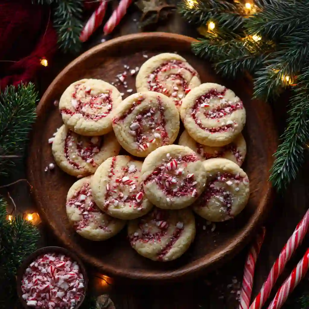 Peppermint Swirl Cookies with red and white spirals on a holiday tray