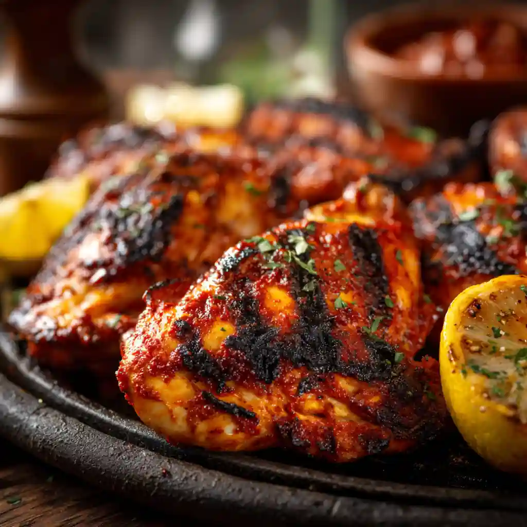 Portuguese Peri Peri Chicken with lemon and herbs on grill pan