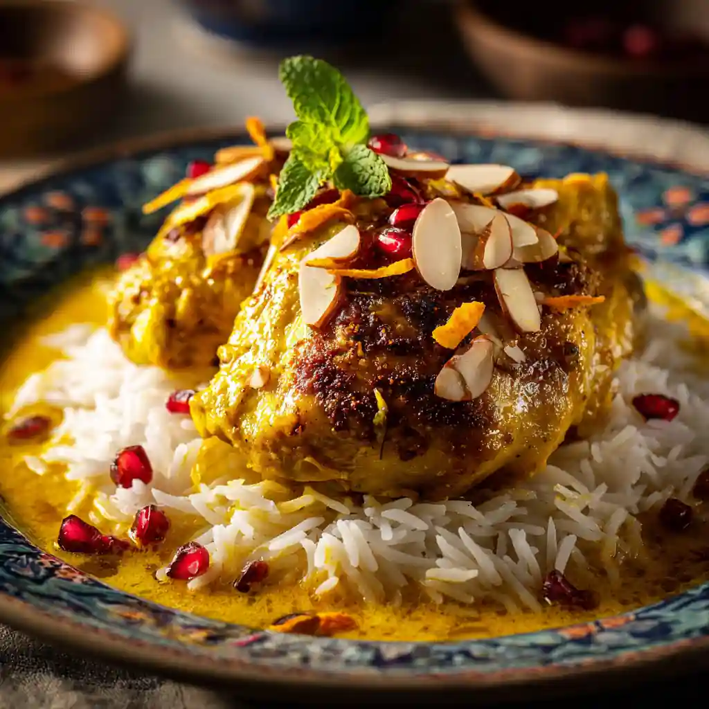Persian Chicken: Aromatic and Exquisite Persian Flavors in Every Bite 2 Persian Chicken with saffron, almonds, and orange zest in golden sauce