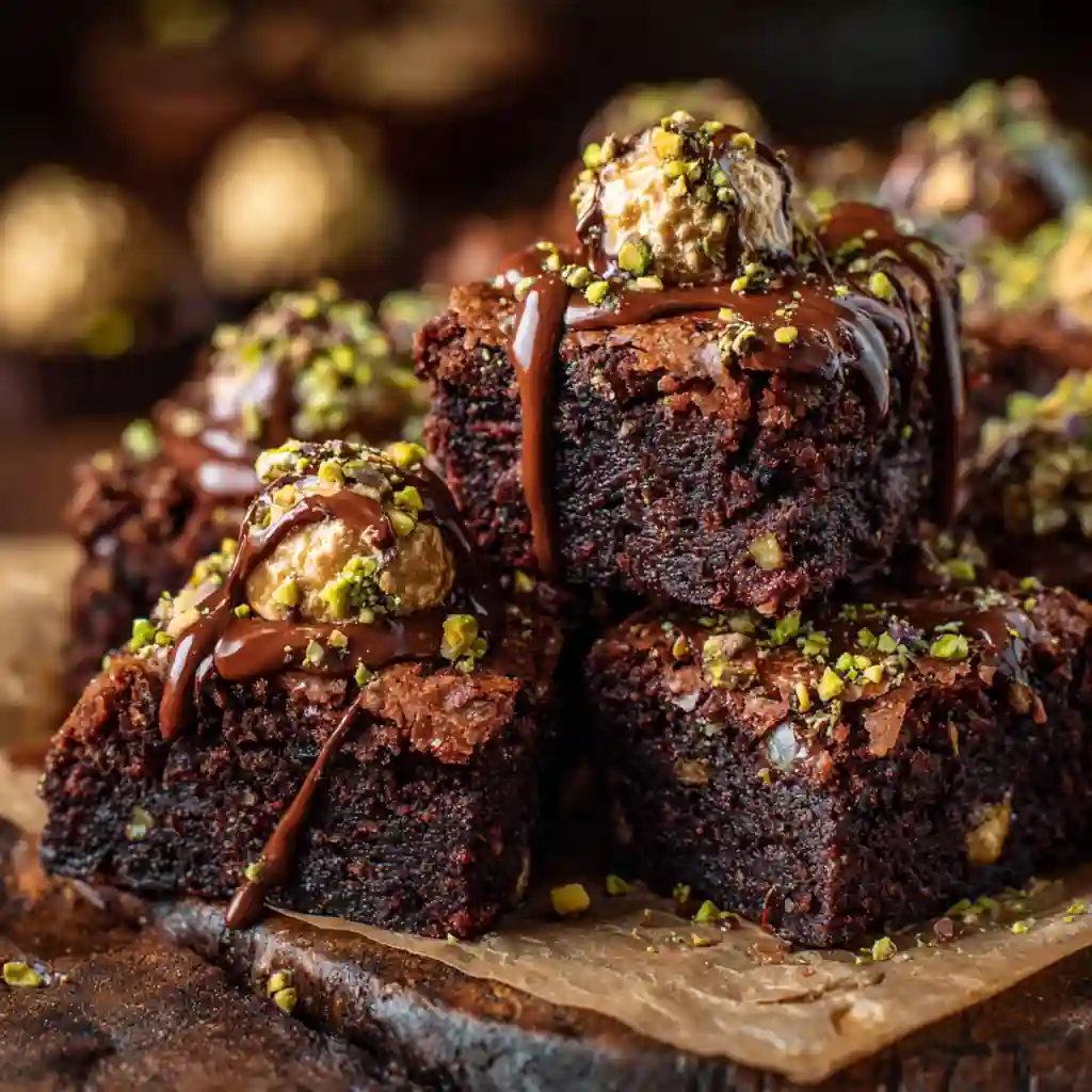 Pistachio Ferrero Rocher Brownies with crushed nuts and chocolate drizzle
