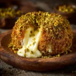 Dubai Pistachio Cheese Bomb dessert on tray with pistachio topping