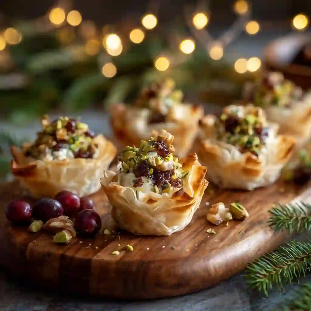 Pistachio Crusted Brie Bites served in golden phyllo cups for the holidays
