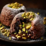 Pistachio Chocolate Lava Cake with melted center and crushed pistachio garnish
