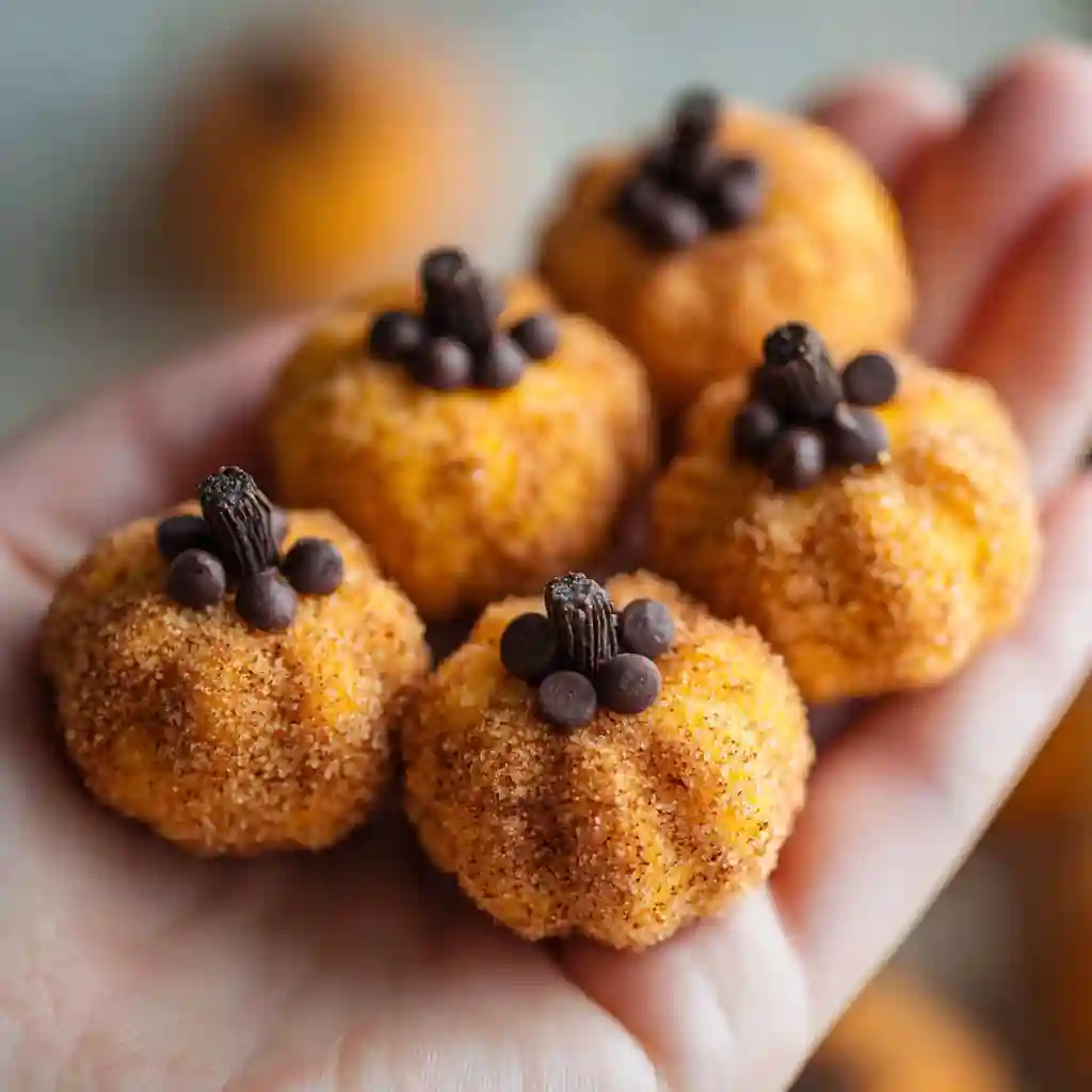 Pumpkin Cheesecake Truffles coated in white chocolate on a rustic tray