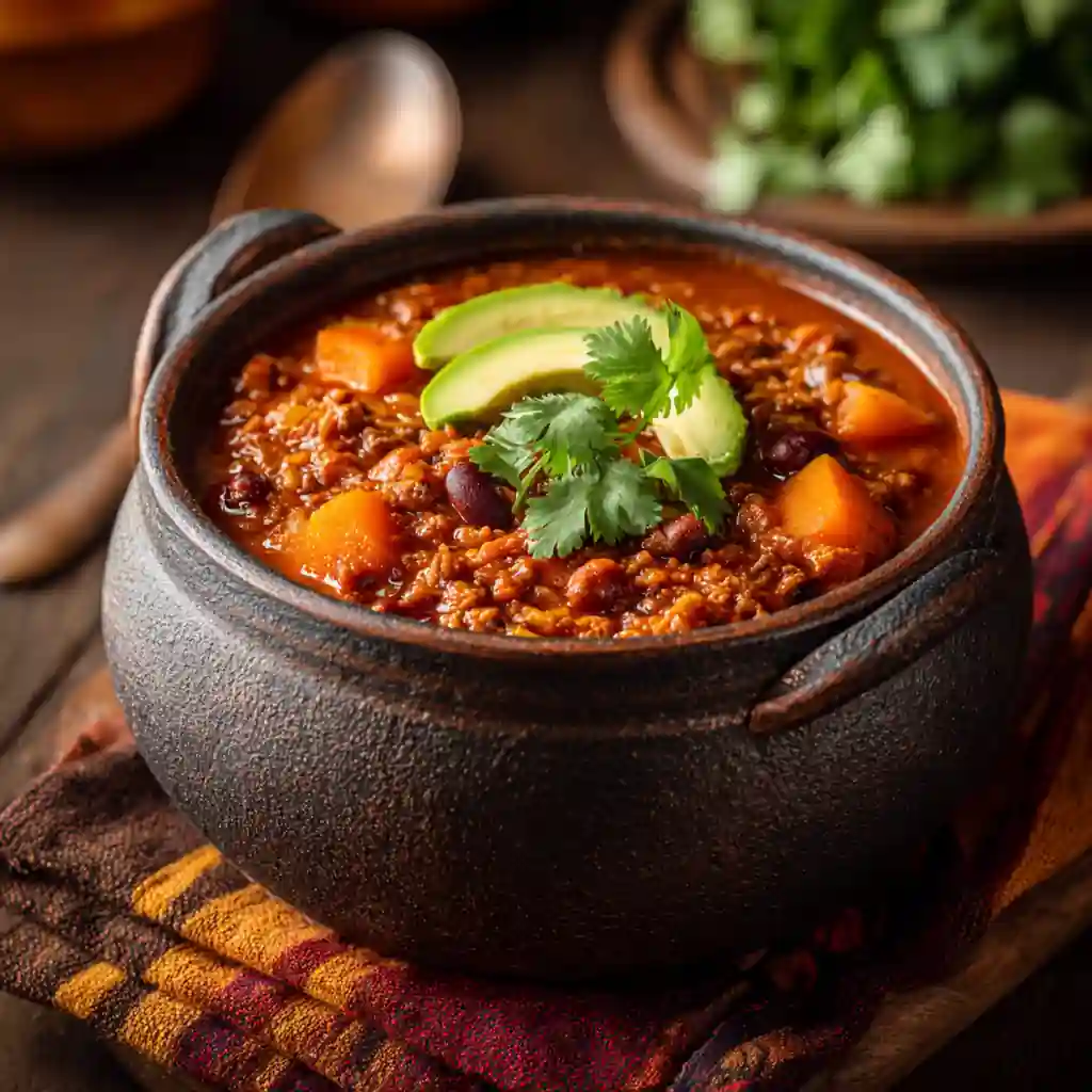 Cozy pumpkin chili in a rustic bowl with avocado and cilantro