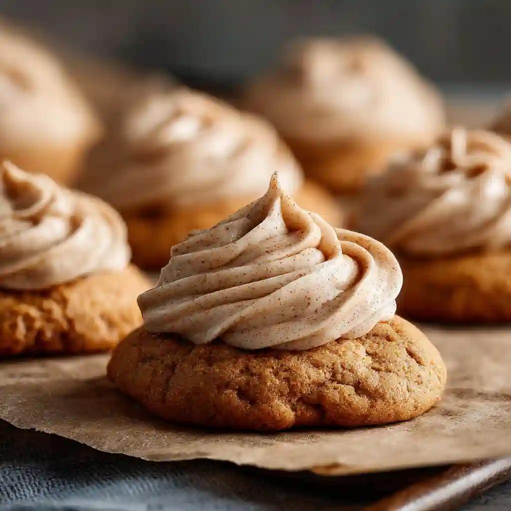 Soft pumpkin cookies with cinnamon frosting swirled on top
