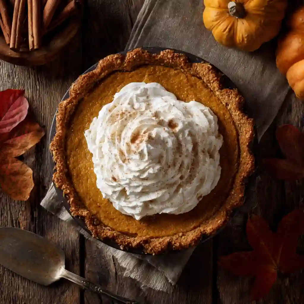 Pumpkin pie with whipped cream on Thanksgiving table