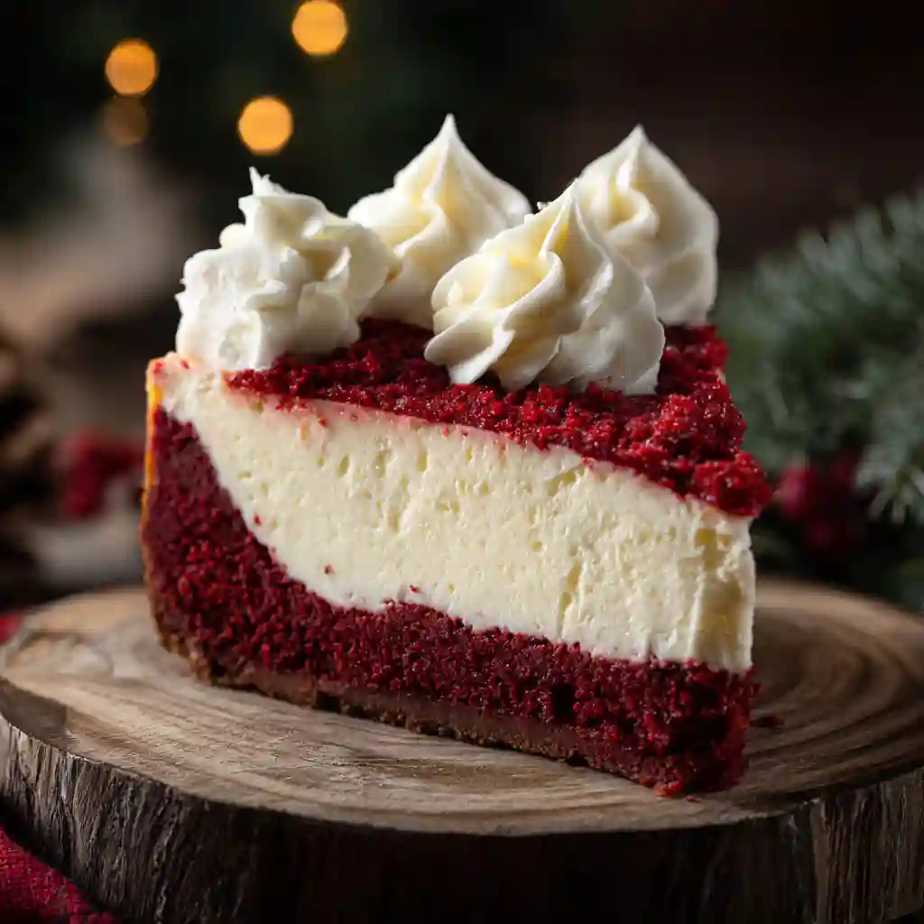 Christmas Red Velvet Cheesecake for a Festive Table 1 Realistic close-up of Christmas Red Velvet Cheesecake topped with whipped cream