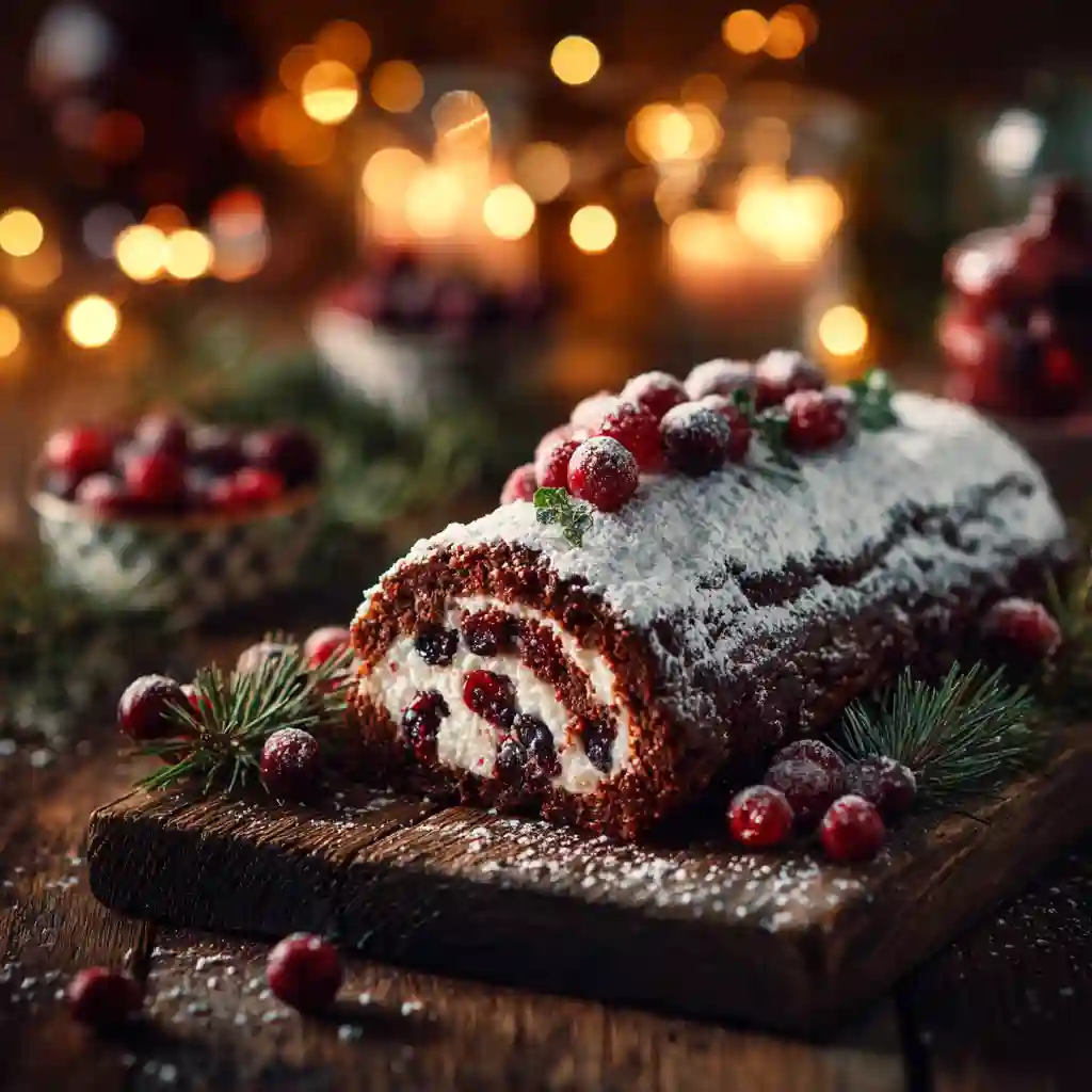 Red Velvet Yule Log on Christmas table with powdered sugar