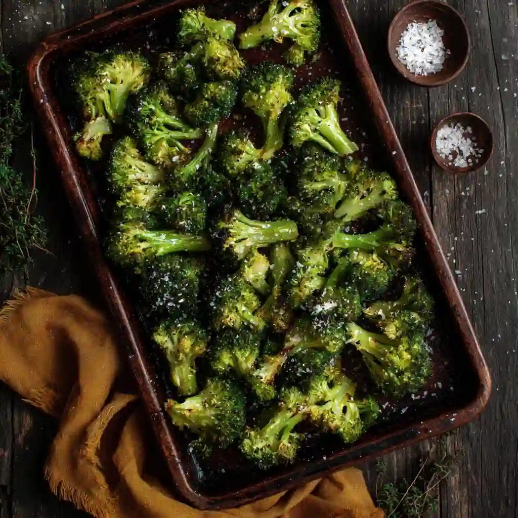 Roasted broccoli with olive oil and sea salt on baking sheet