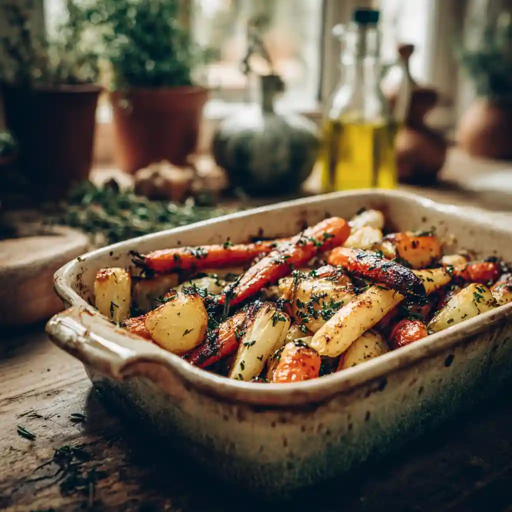 Roasted root vegetable medley with parsnips, carrots, and turnips