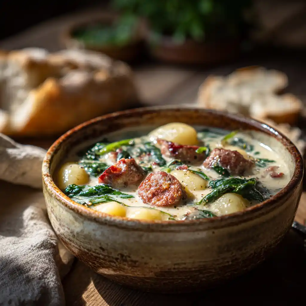 Creamy Sausage & Spinach Gnocchi Soup 1 Creamy Sausage & Spinach Gnocchi Soup in a rustic bowl