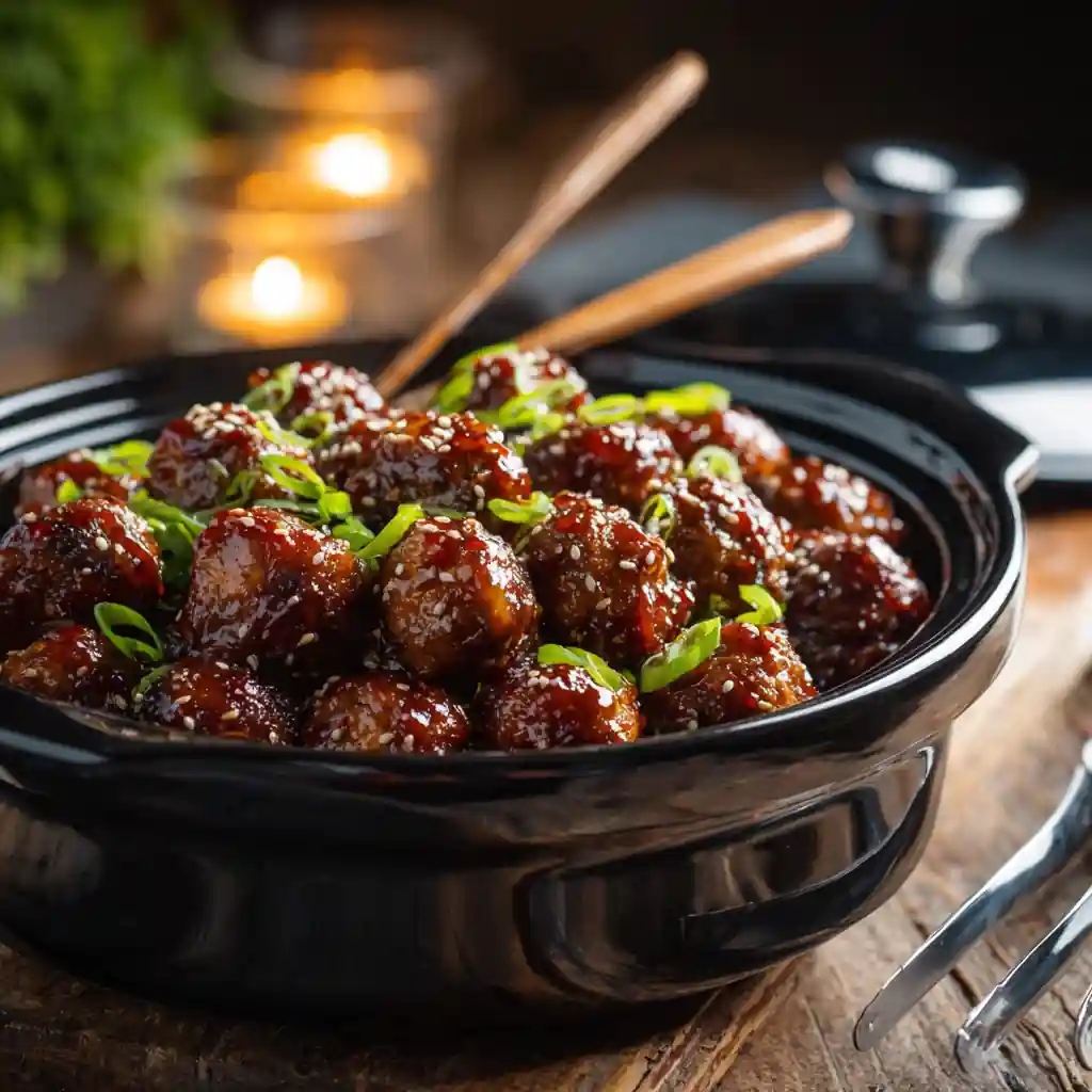 Slow Cooker Sweet Chili Meatballs with sesame garnish