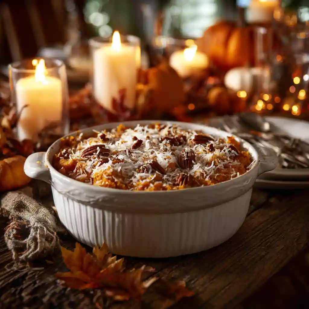 Southern Sweet Potato Casserole with Coconut baked and served for Thanksgiving