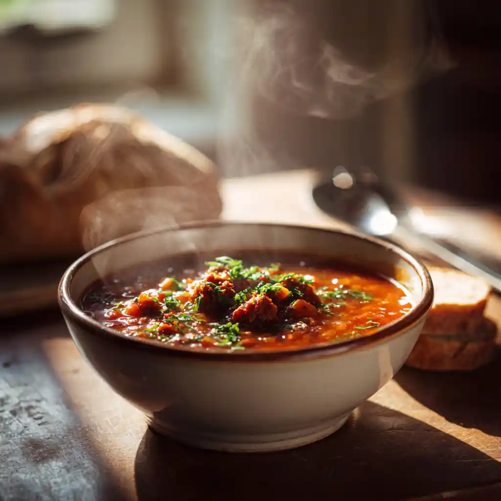 Spicy Chorizo & Lentil Soup: A Bowl of Comfort with a Kick 1 Spicy chorizo and lentil soup in a bowl with fresh herbs