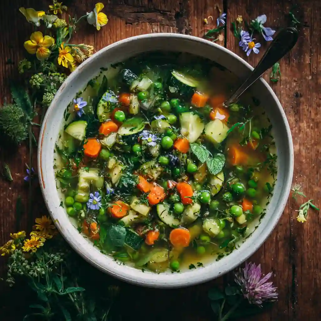 Spring vegetable stew with peas, carrots, and herbs in a white bowl