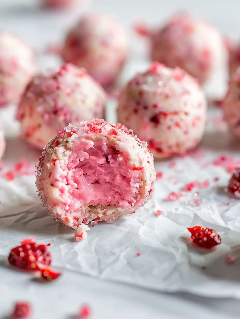 Strawberry Cheesecake Protein Balls with creamy center and crushed strawberries
