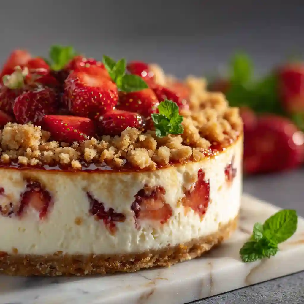Strawberry Crumble Cheesecake with buttery crumble and fresh strawberries