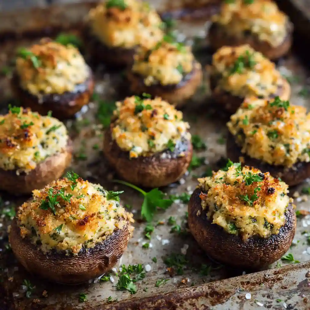 Best Christmas Stuffed Mushrooms baked and served on a holiday platter