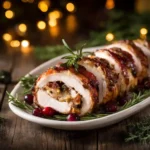 Quick Christmas Stuffed Turkey Breast for a Festive Table 3 Quick Christmas stuffed turkey breast sliced and served with holiday herbs