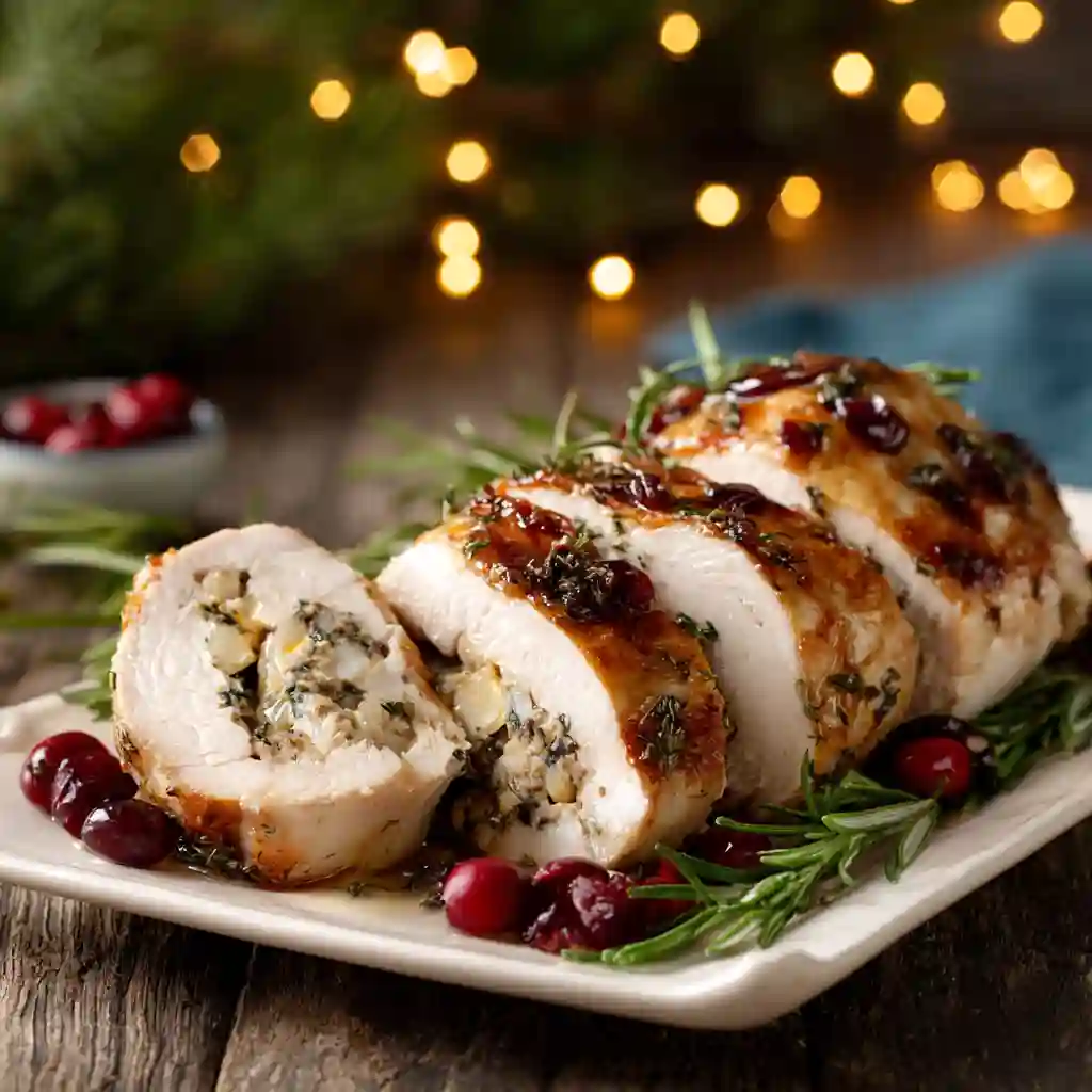 Quick Christmas Stuffed Turkey Breast for a Festive Table 2 Quick Christmas stuffed turkey breast sliced and served with holiday herbs