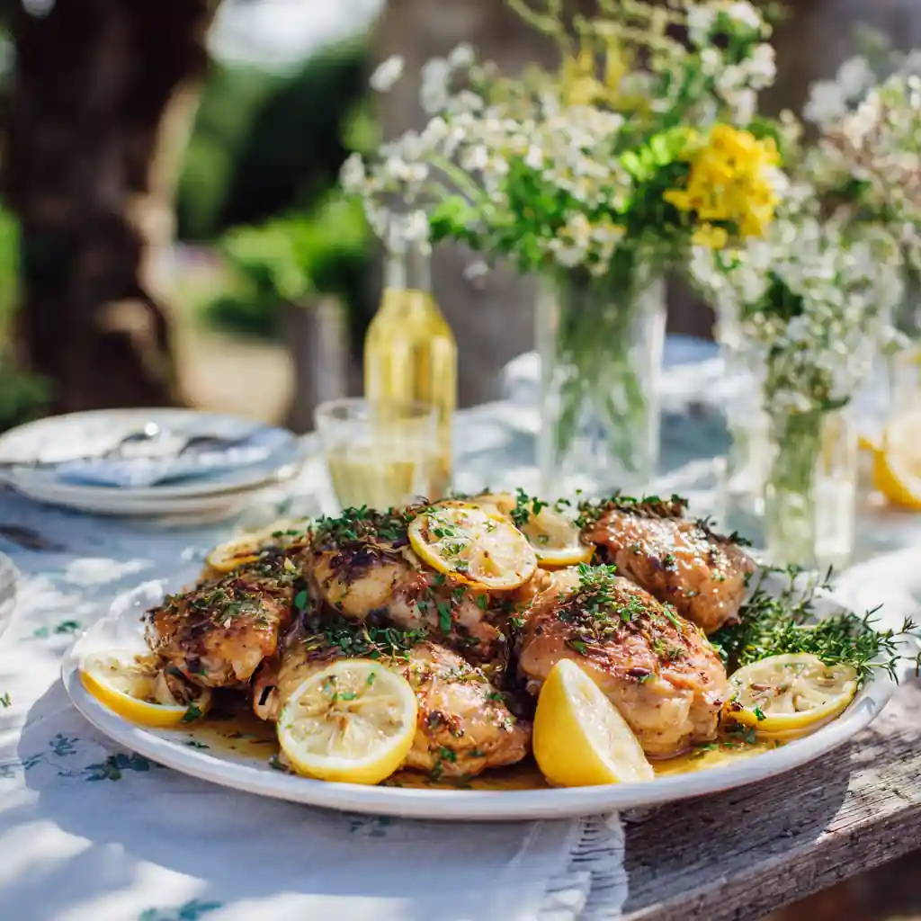 Lemon Garlic Chicken in crockpot with summer herbs and lemon slices