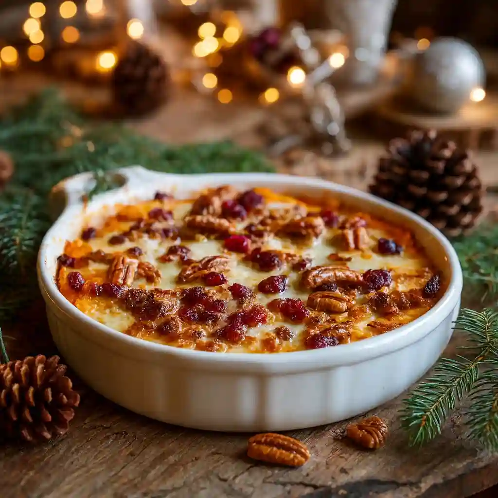Sweet Potato & Cranberry Gratin: A Christmas Side Dish to Savor 1 Sweet Potato & Cranberry Gratin baked in ceramic dish for Christmas dinner