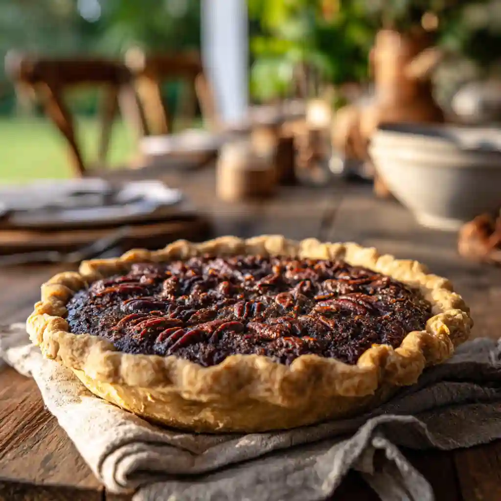Slice of homemade Texas Chocolate Pecan Pie on a plate