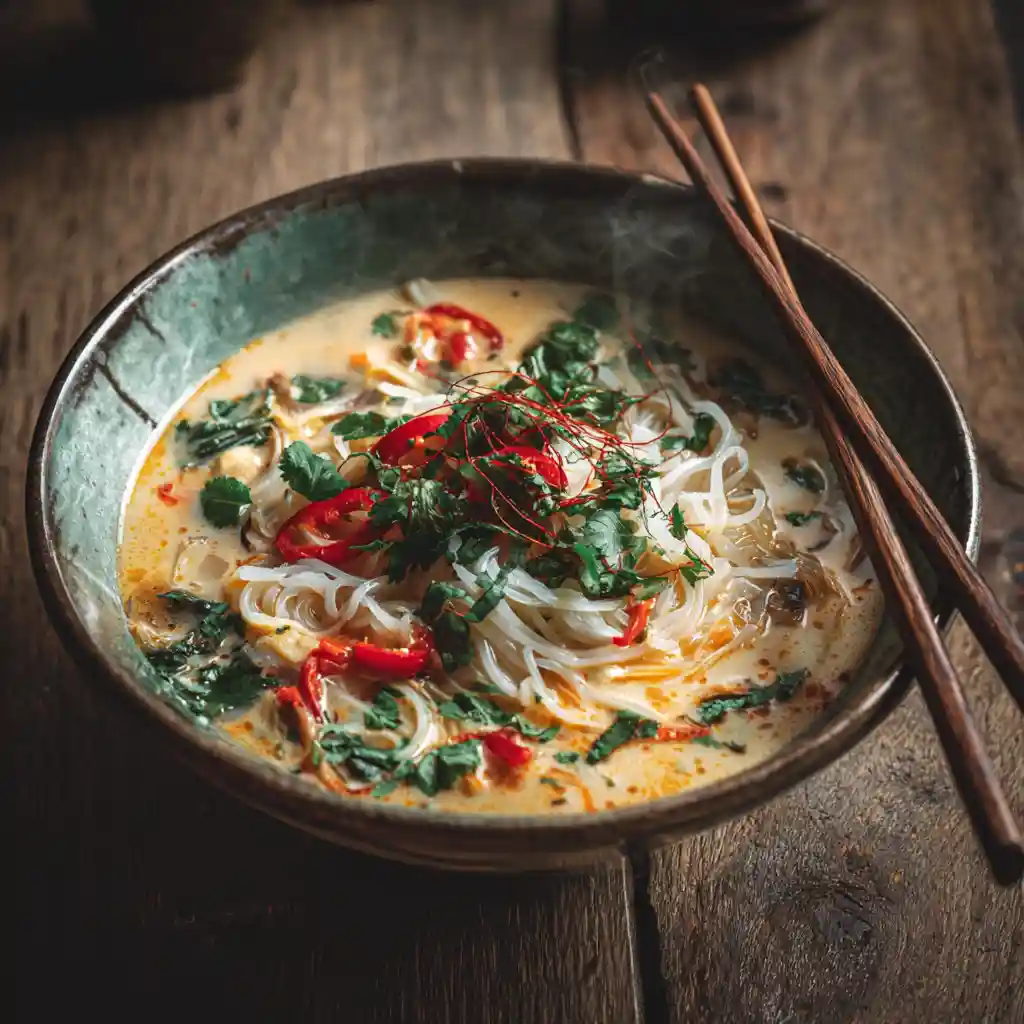 Bowl of Thai coconut curry soup with noodles and herbs