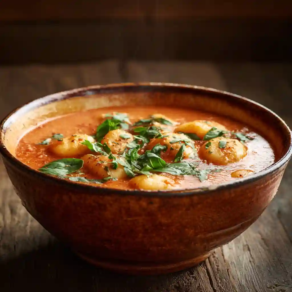 Tomato basil gnocchi soup in a rustic bowl with fresh basil