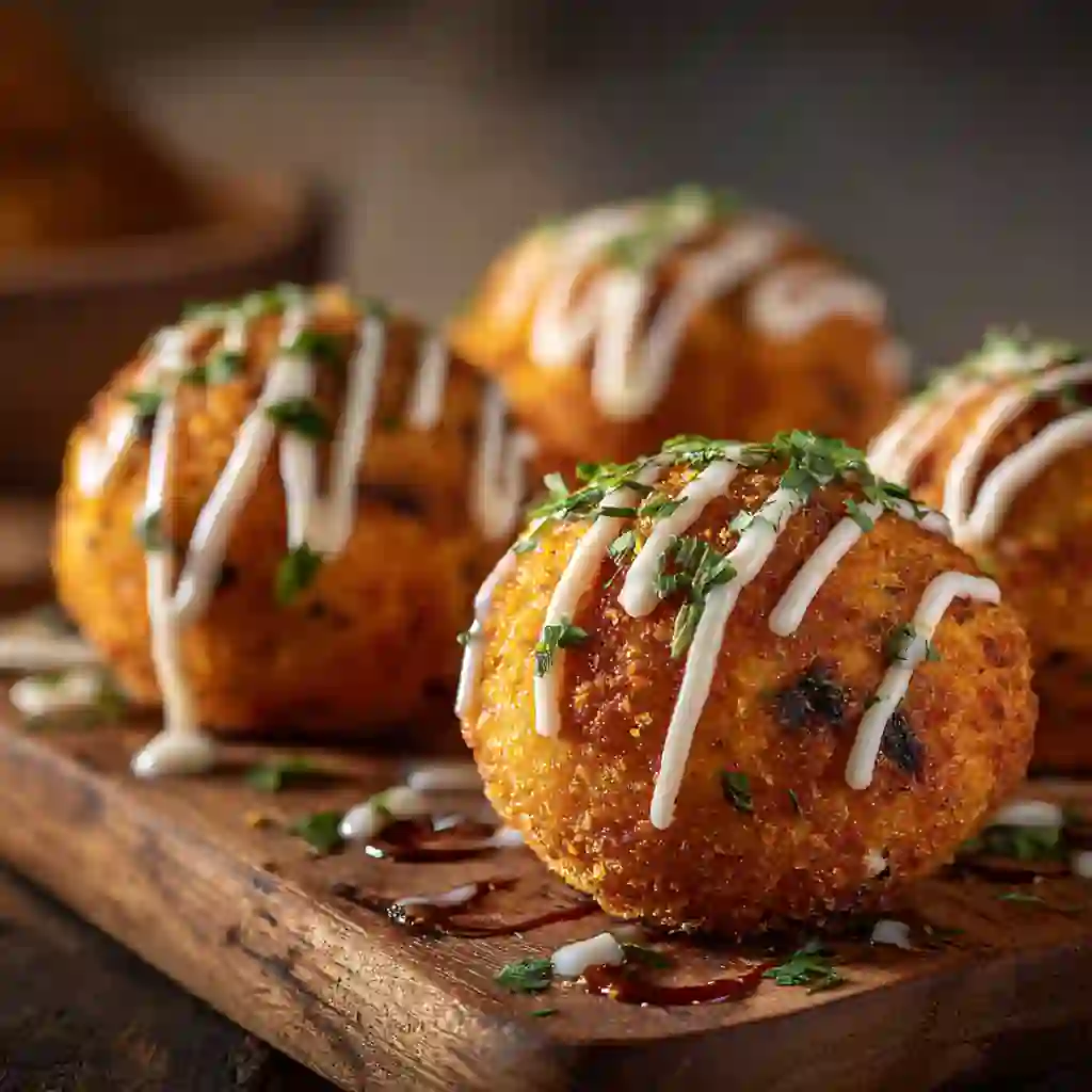 Gourmet truffle mushroom arancini with Parmesan cream served for Christmas dinner