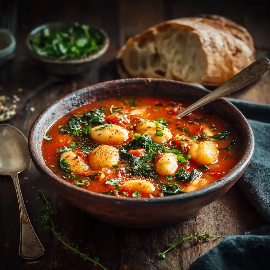 Tuscan Tomato & Gnocchi Soup with spinach in a rustic ceramic bowl