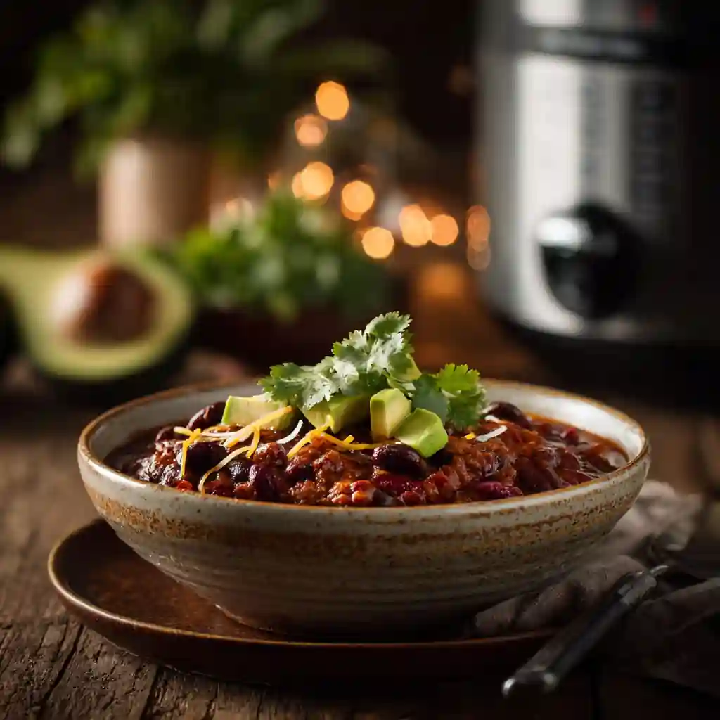 A bowl of Winter Slow Cooker Chili with Beans topped with avocado and cheese