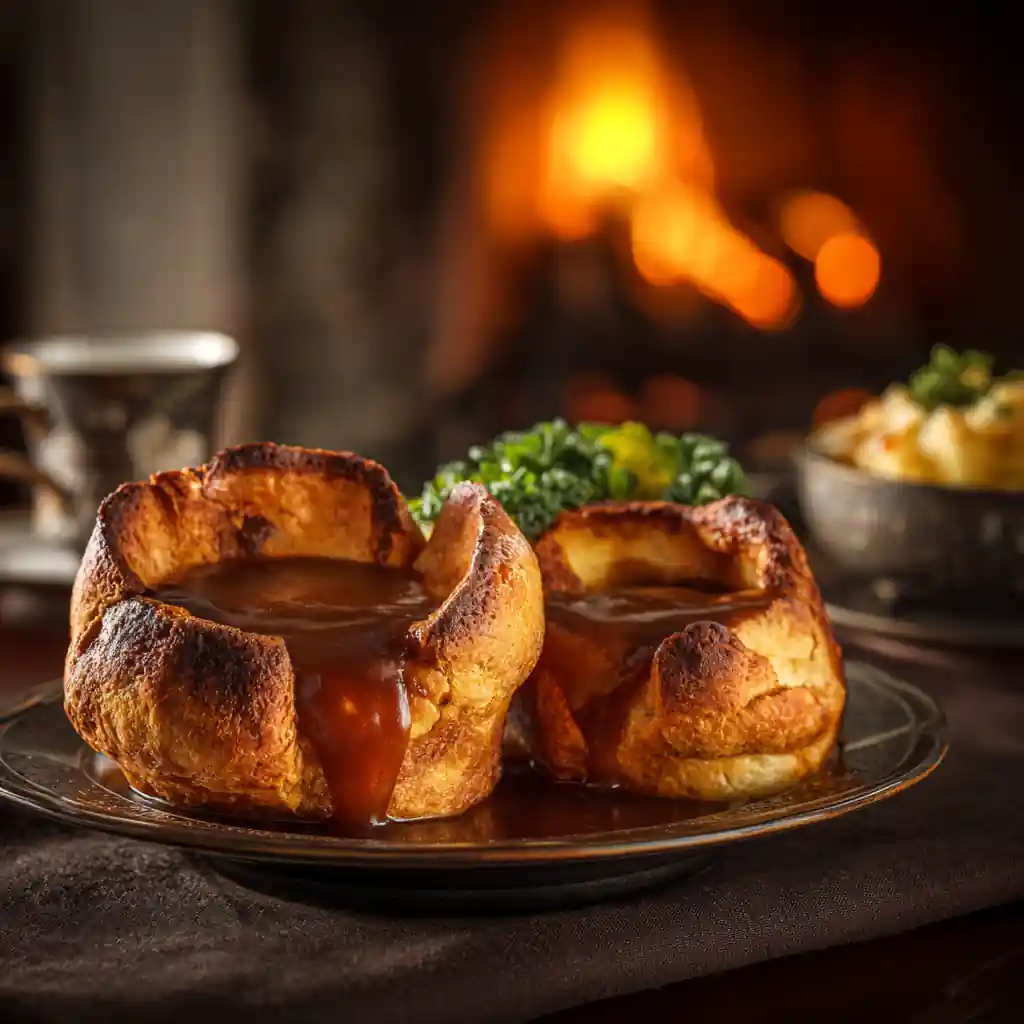 Golden Yorkshire pudding served with a drizzle of gravy
