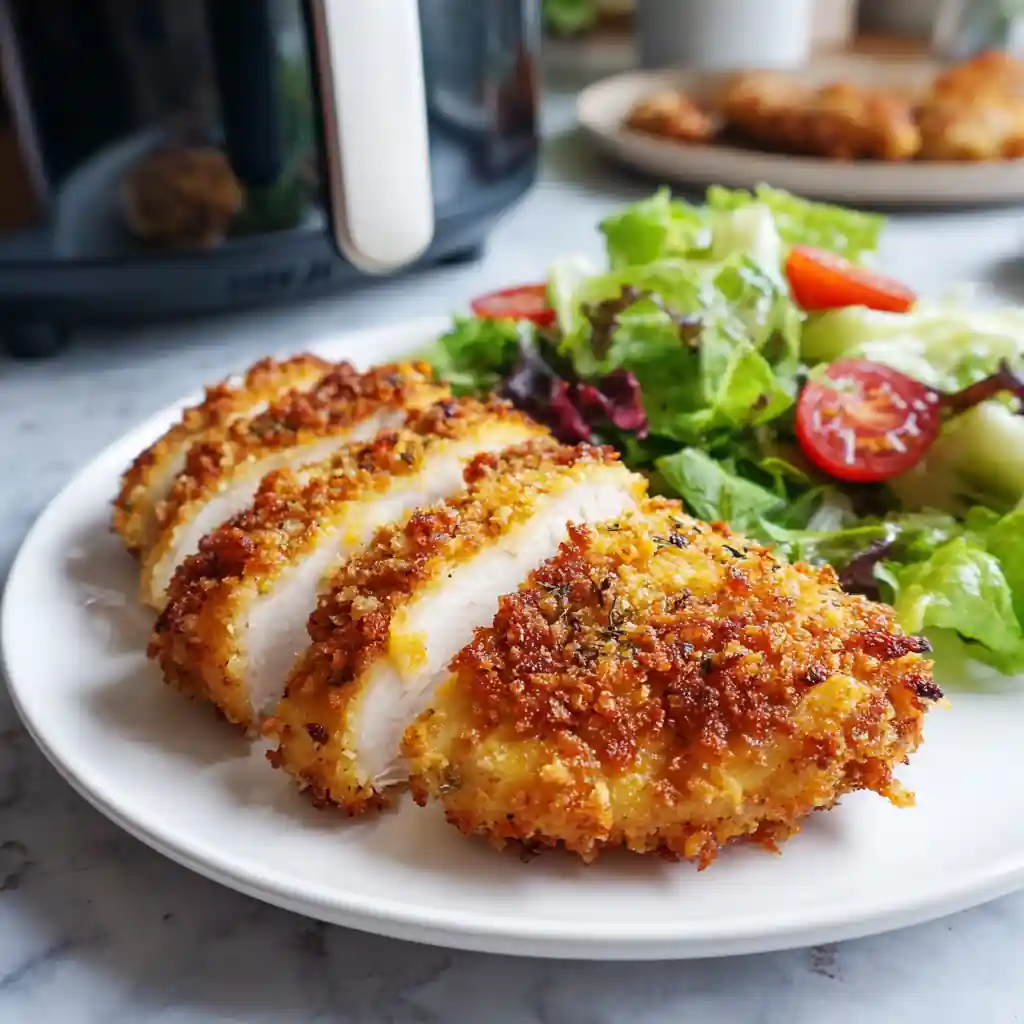 Air fryer parmesan crusted chicken breast served crispy and golden