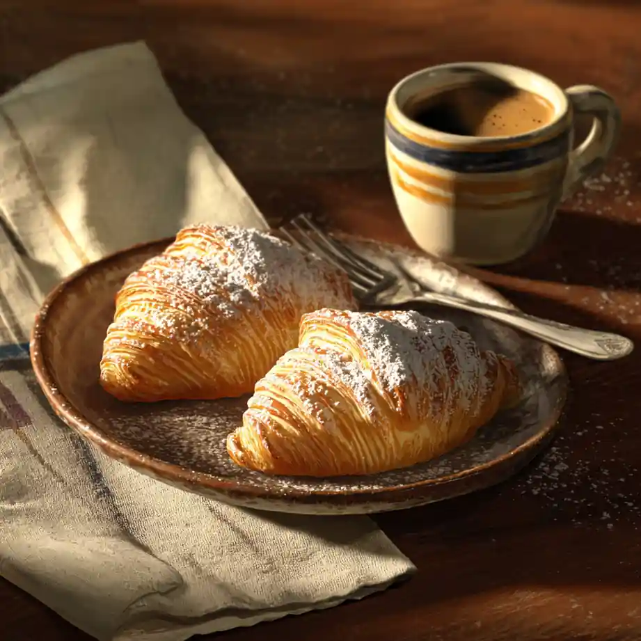 Sfogliatelle served with espresso and powdered sugar on a rustic plate in cozy morning light.