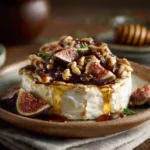 Baked brie topped with figs, walnuts, and honey