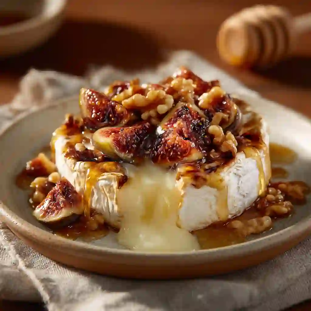 Close-up of melted brie with figs and walnuts