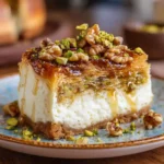Baklava Bliss Cheesecake - Creamy Layers with Honeyed Crunch 3 Baklava Bliss Cheesecake with flaky phyllo layers and honey drizzle