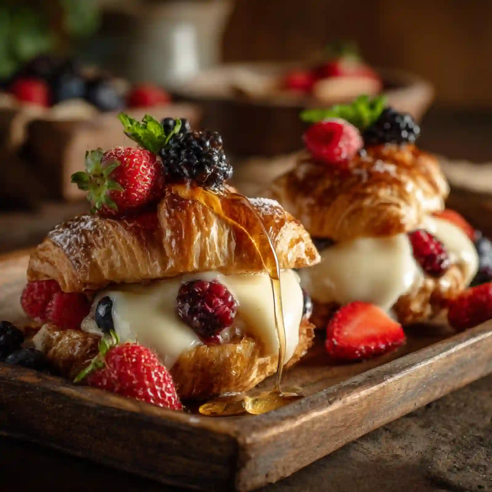 Berry & Brie Croissant Breakfast Sliders on a rustic tray with honey drizzle