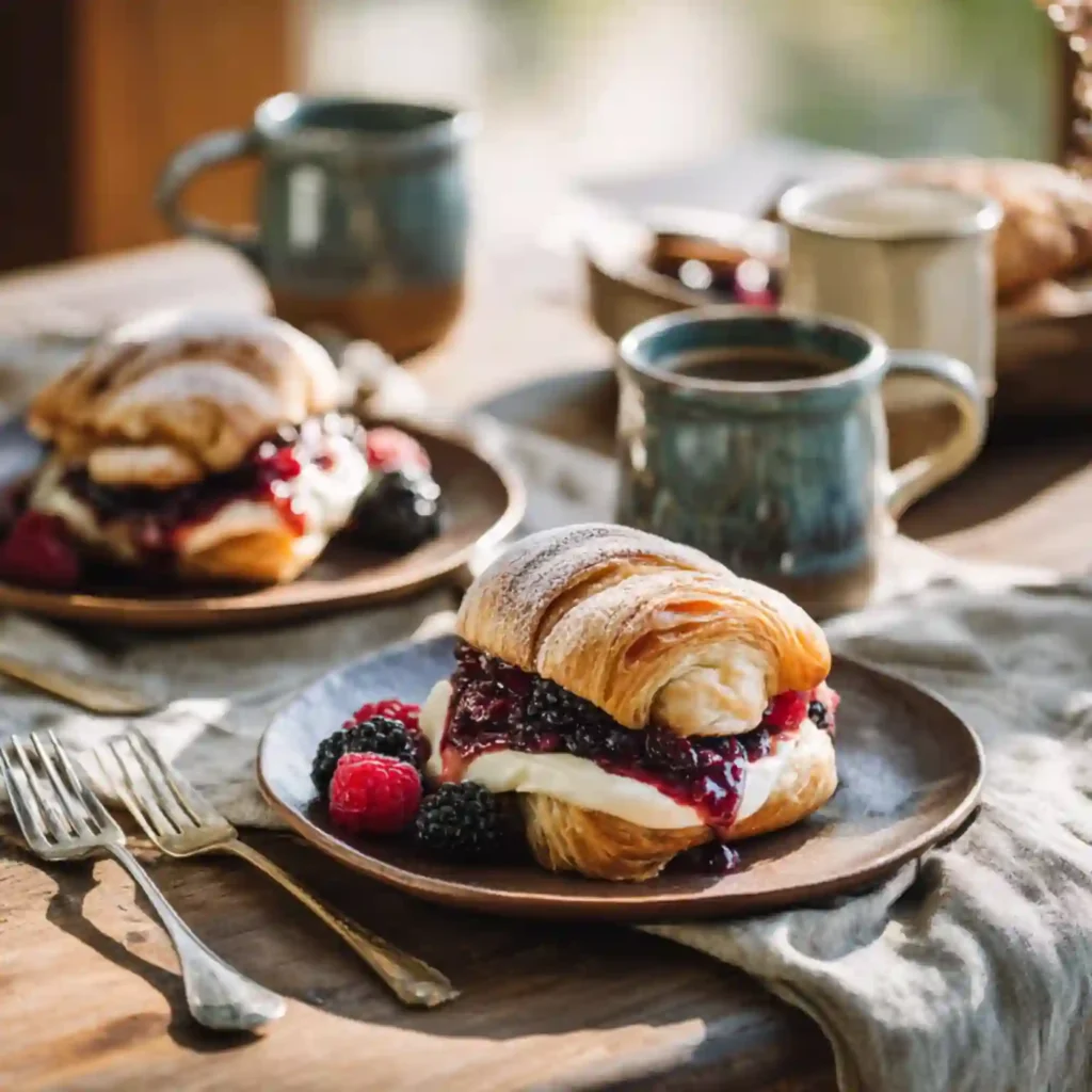Berry & Brie Croissant Breakfast Sliders served on a family breakfast table with coffee