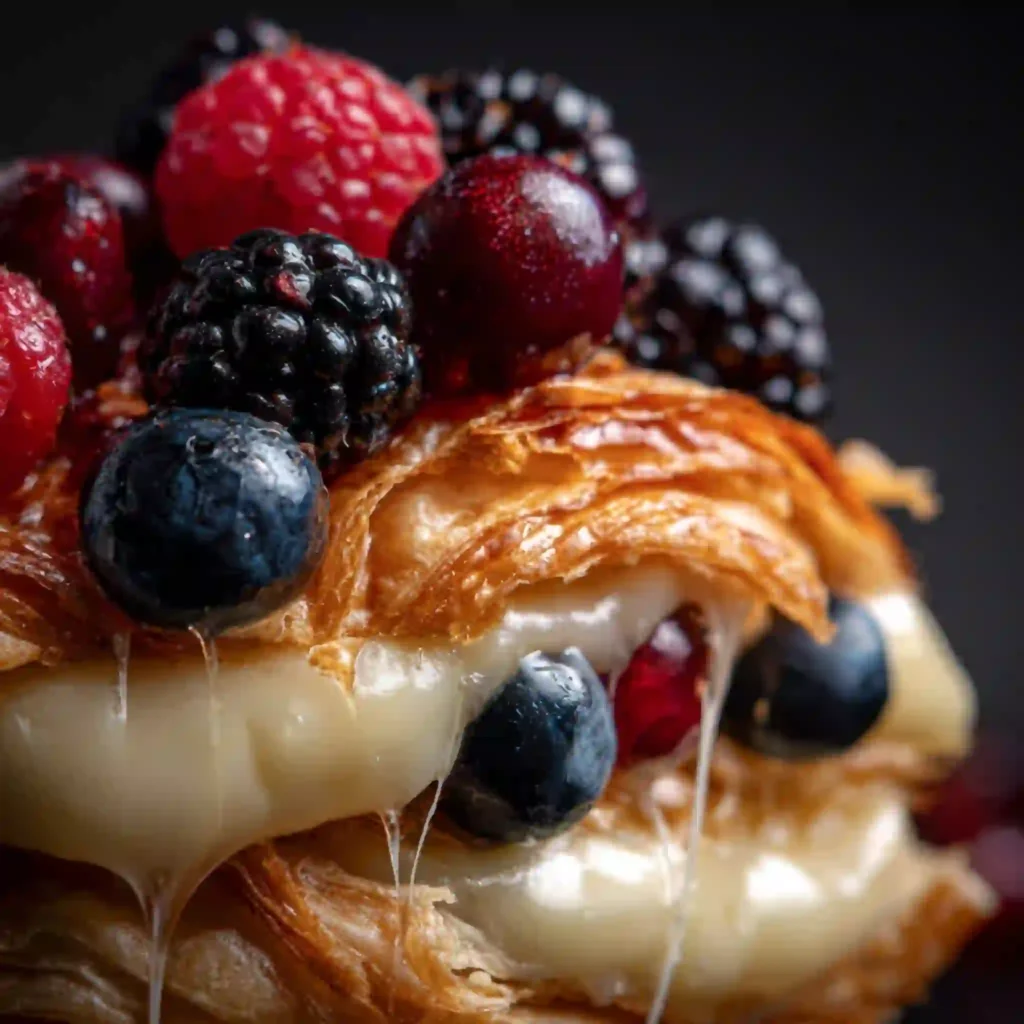 Close-up of Berry & Brie Croissant Breakfast Sliders showing melted brie and glossy berries