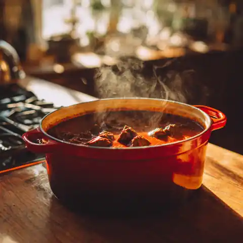 Beef simmering in birria broth
