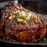 Blackened Cajun ribeye steak topped with garlic butter