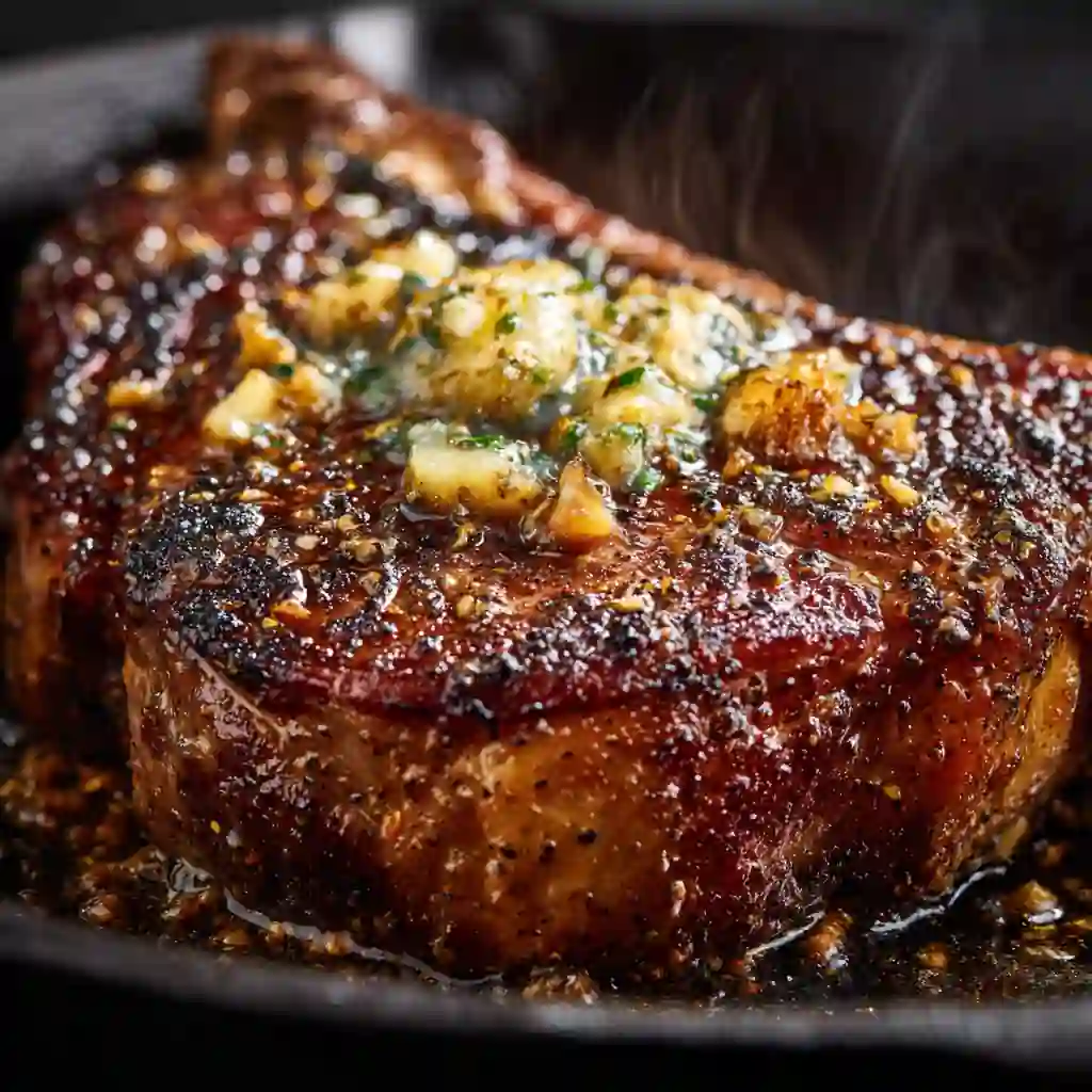 Blackened Cajun ribeye steak topped with garlic butter