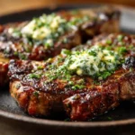 Blackened Cajun ribeye topped with garlic butter and herbs on a rustic plate.