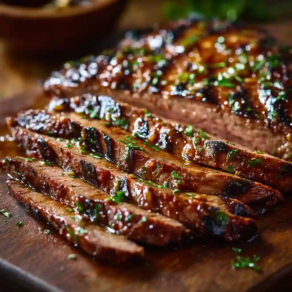 Cajun Honey Garlic Flank Steak with parsley and glaze