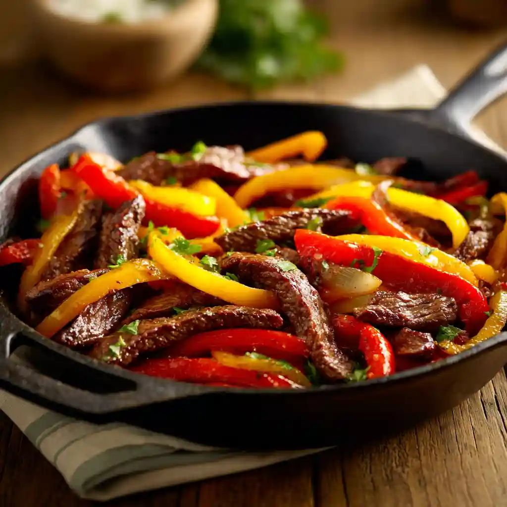Cajun steak and peppers skillet served hot in a cast-iron pan
